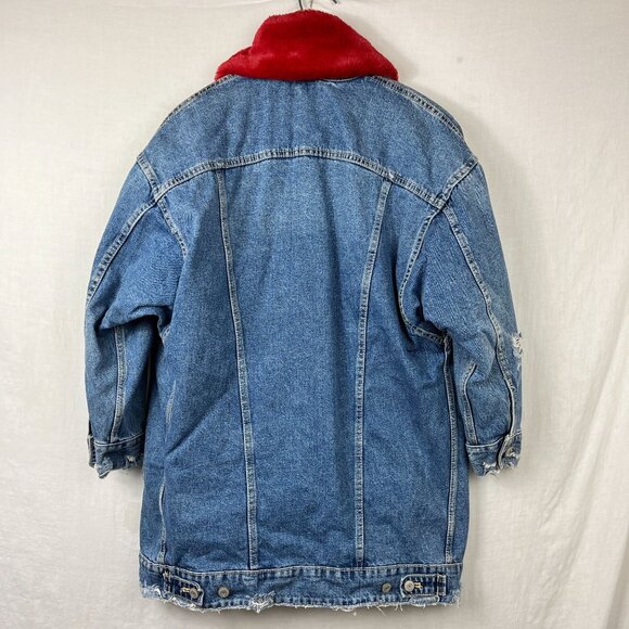 Zara TRF Denim Wear Distressed Long Jacket Womens Small S Slouchy Punk Faux Fur‎ - Picture 6 of 16